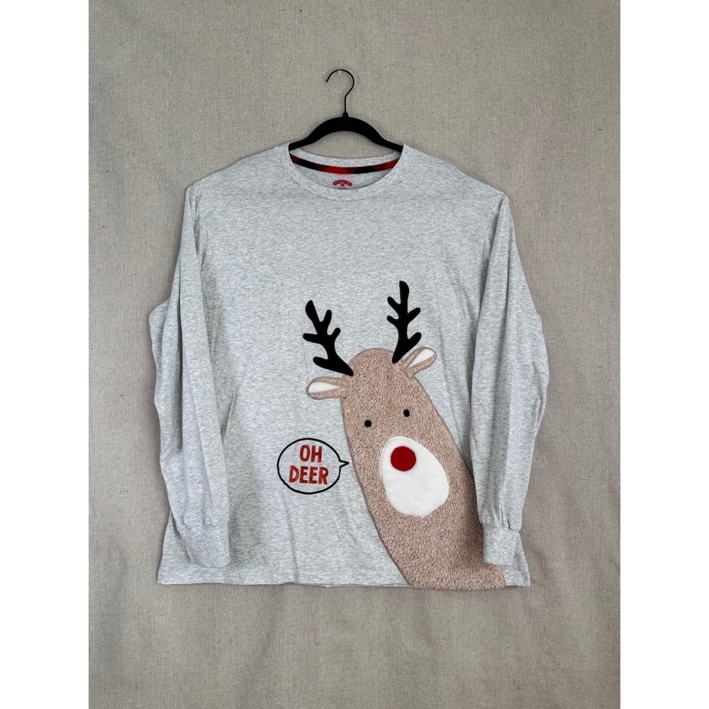 Holiday Time Mens Oh Deer Reindeer Graphic Long Sleeve Tee Grey 2XL HT40401SB